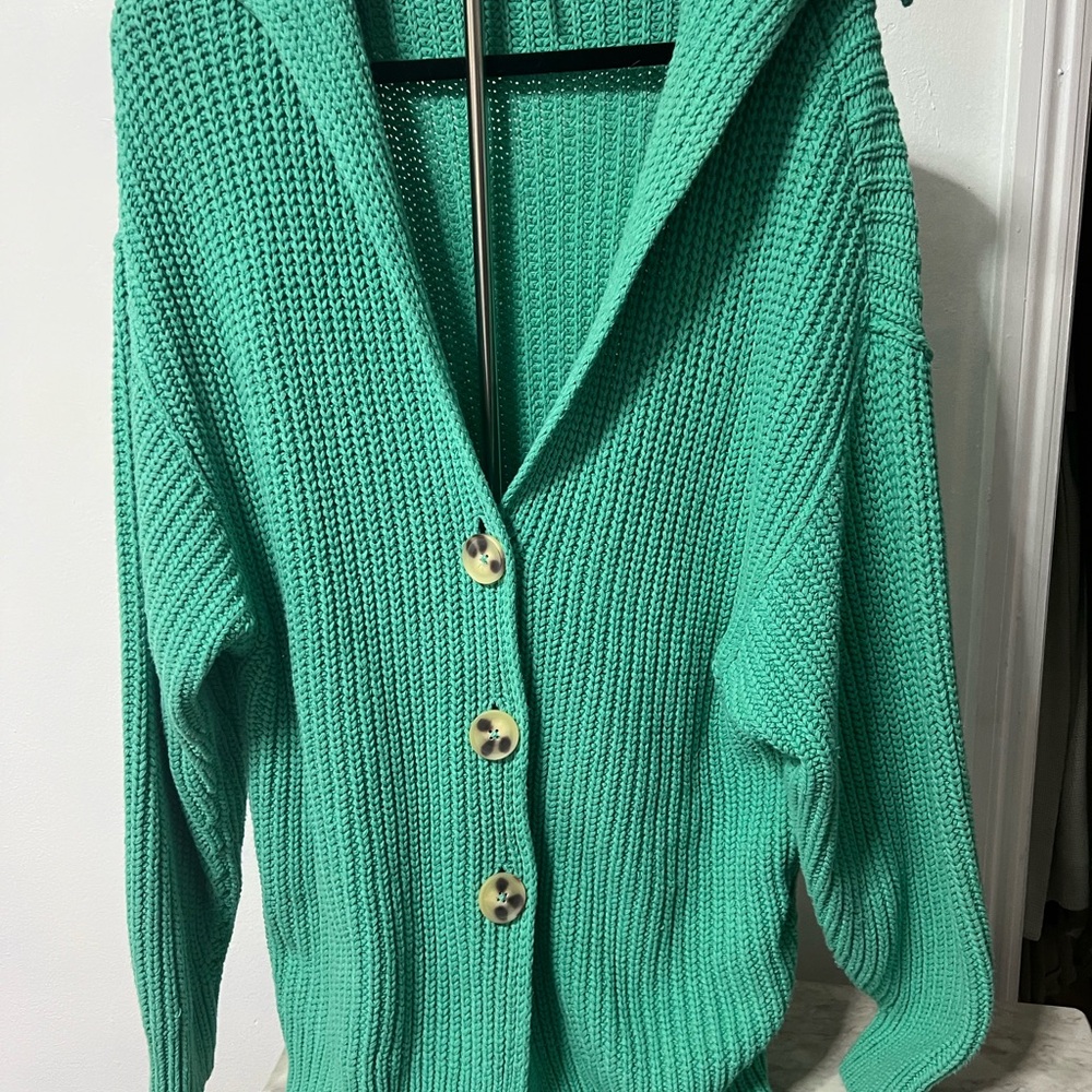 Free People Teal Button-Up Cowl Sweater